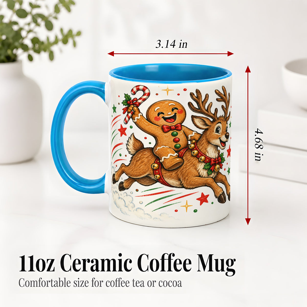 #pl[11oz|Blue] Christmas Gingerbread Reindeer Ceramic Mug, Festive Holiday Art