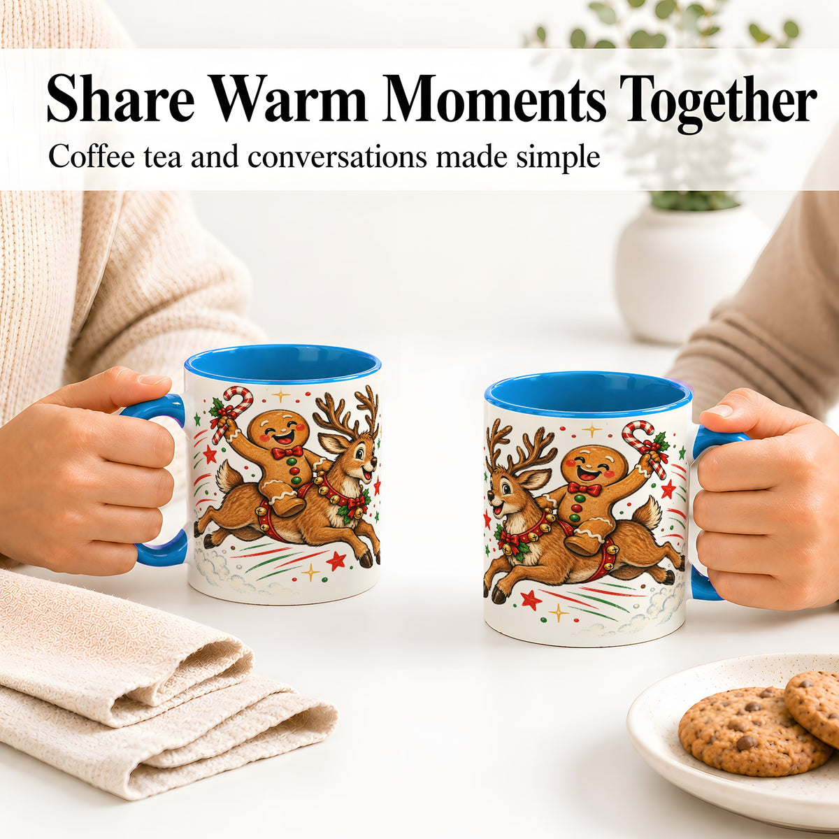 #pl[11oz|Blue] Christmas Gingerbread Reindeer Ceramic Mug, Festive Holiday Art