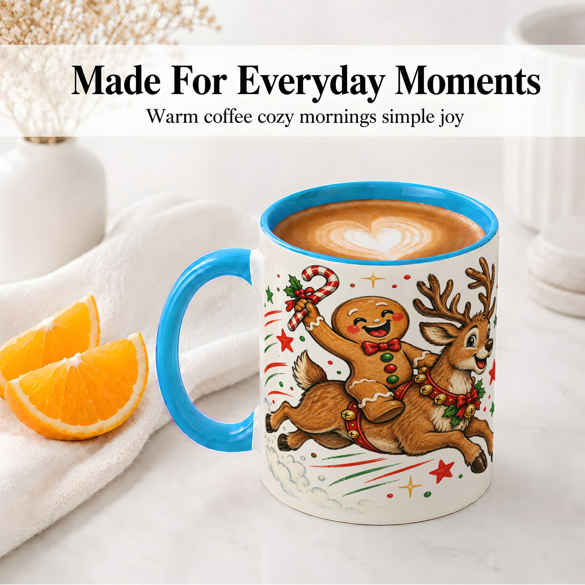 #pl[11oz|Blue] Christmas Gingerbread Reindeer Ceramic Mug, Festive Holiday Art