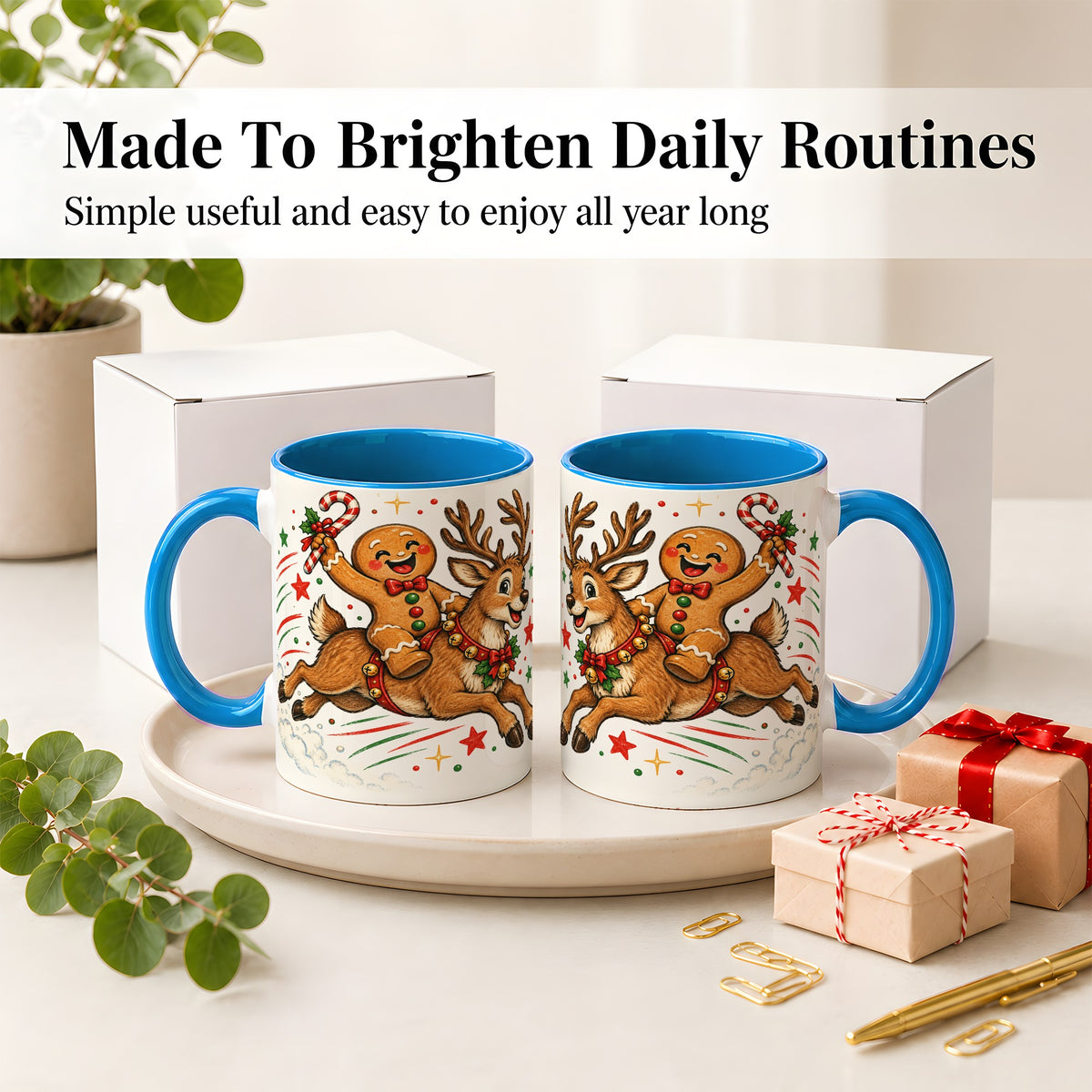 #pl[11oz|Blue] Christmas Gingerbread Reindeer Ceramic Mug, Festive Holiday Art