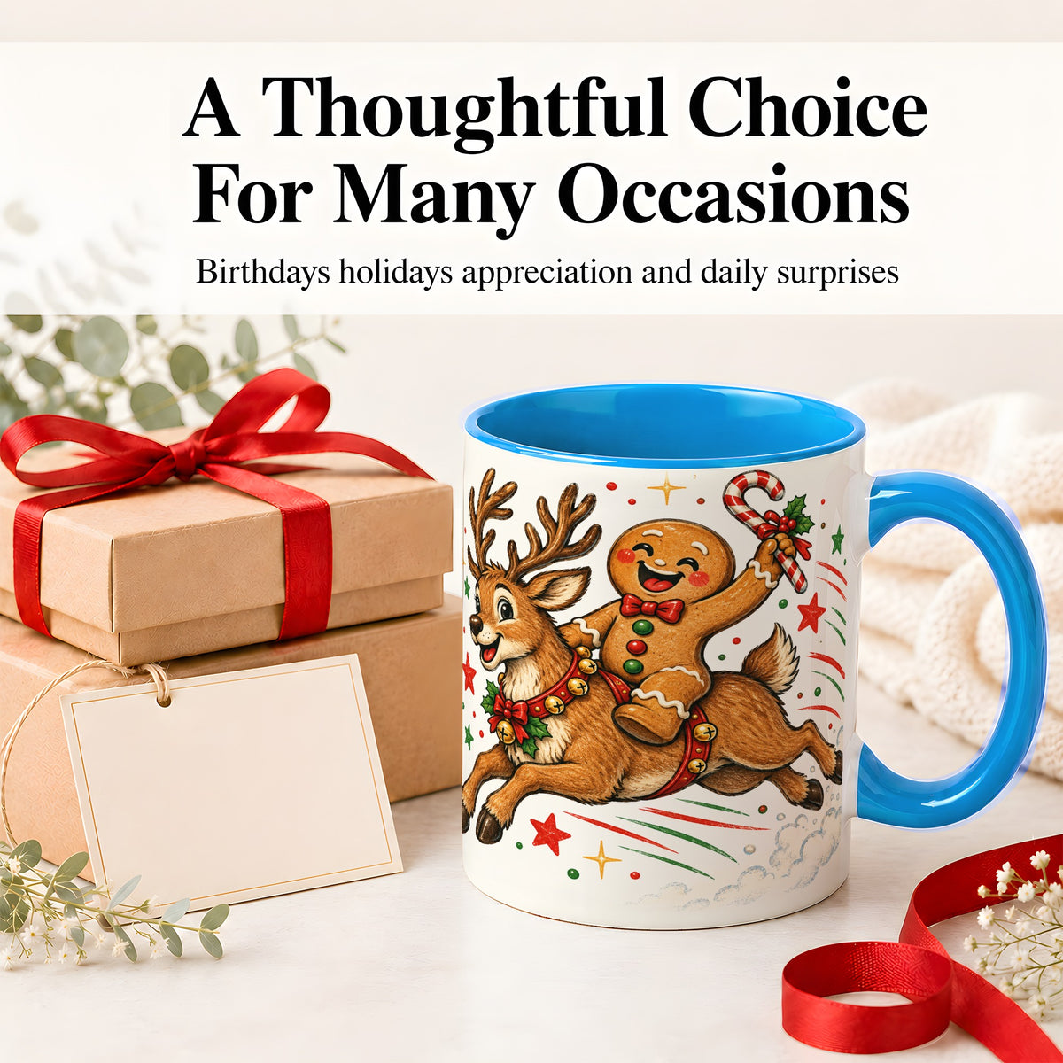 #pl[11oz|Blue] Christmas Gingerbread Reindeer Ceramic Mug, Festive Holiday Art