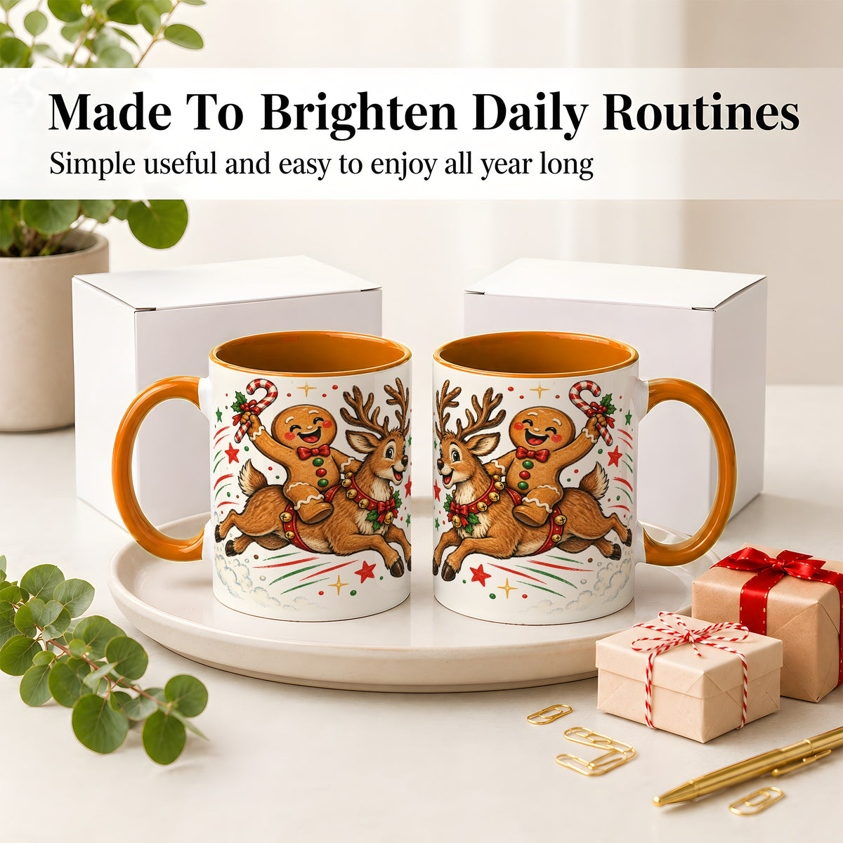 #pl[11oz|Orange] Christmas Gingerbread Reindeer Ceramic Mug, Festive Holiday Art