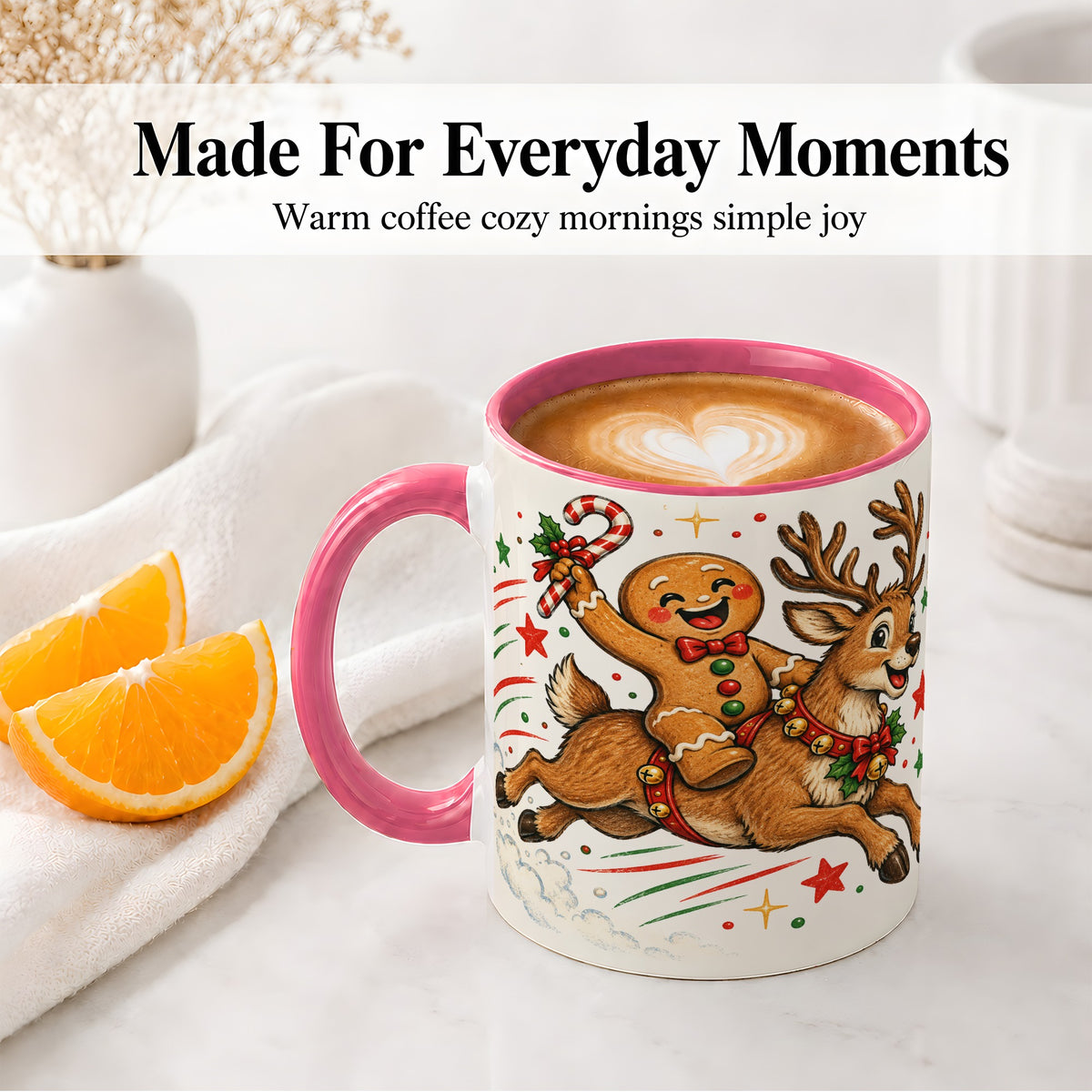 #pl[11oz|Pink] Christmas Gingerbread Reindeer Ceramic Mug, Festive Holiday Art