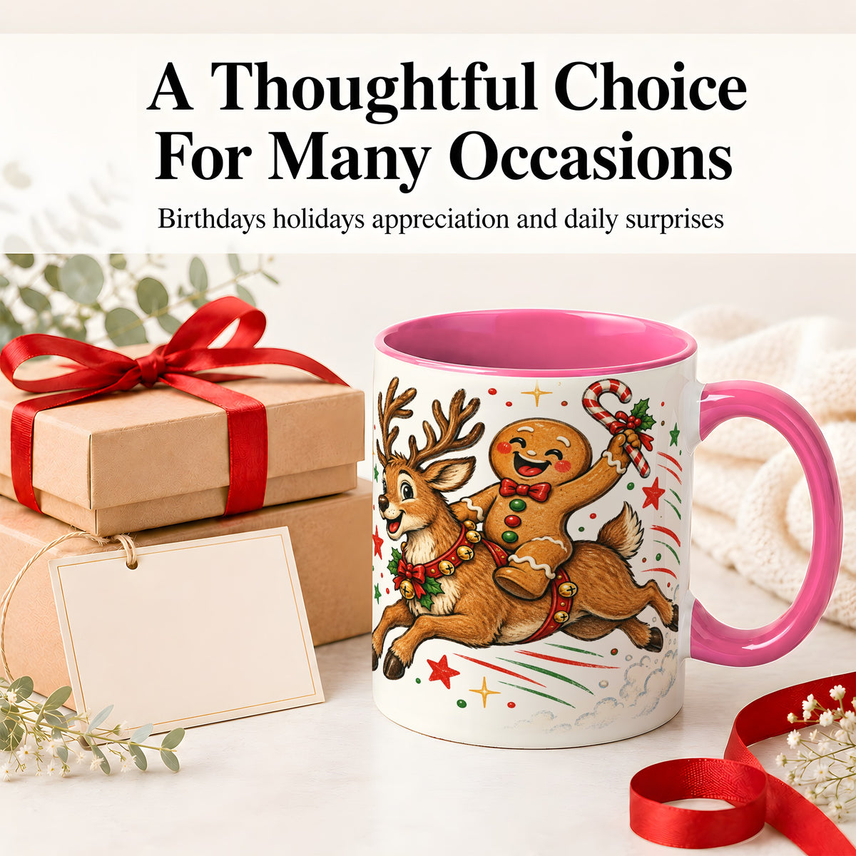 #pl[11oz|Pink] Christmas Gingerbread Reindeer Ceramic Mug, Festive Holiday Art