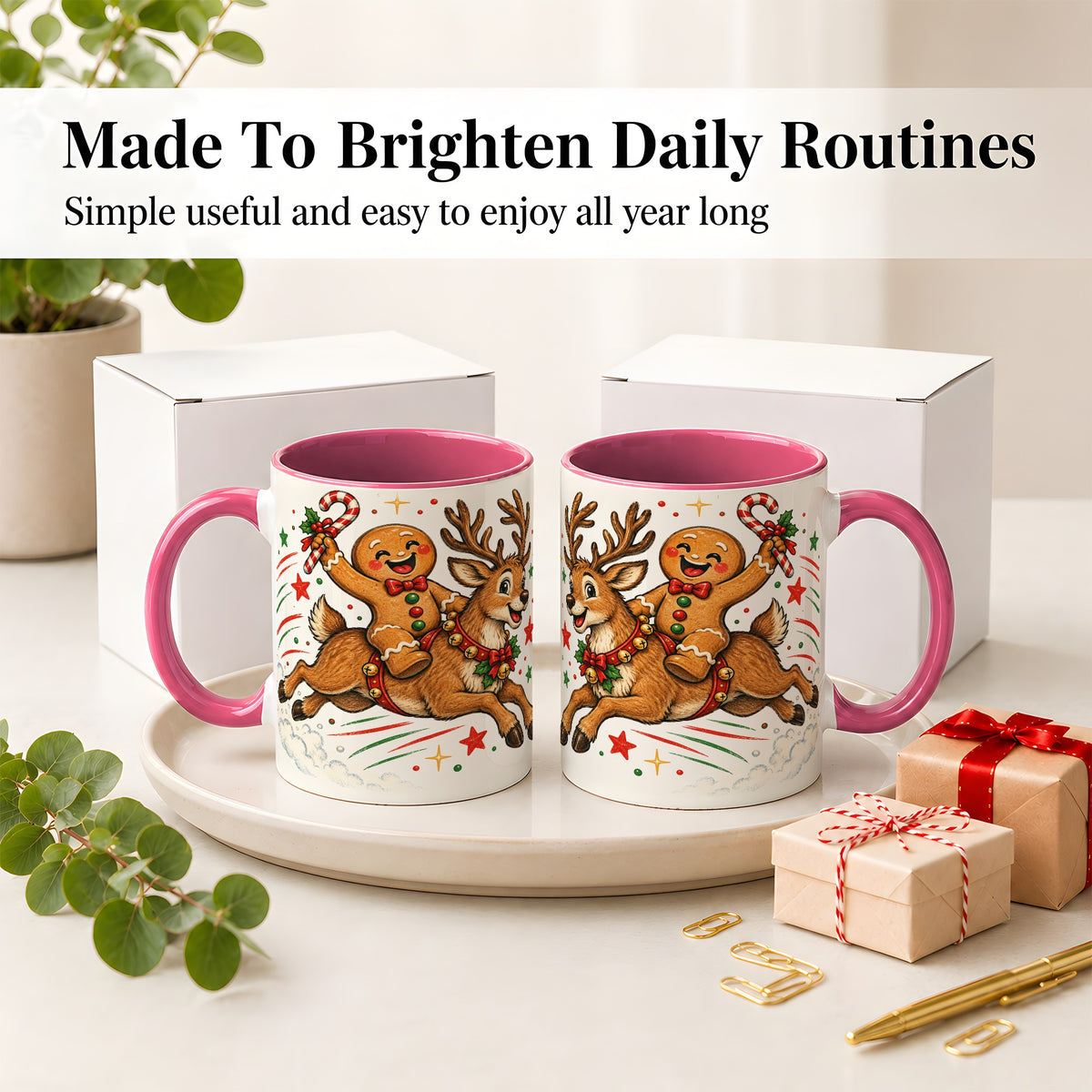 #pl[11oz|Pink] Christmas Gingerbread Reindeer Ceramic Mug, Festive Holiday Art