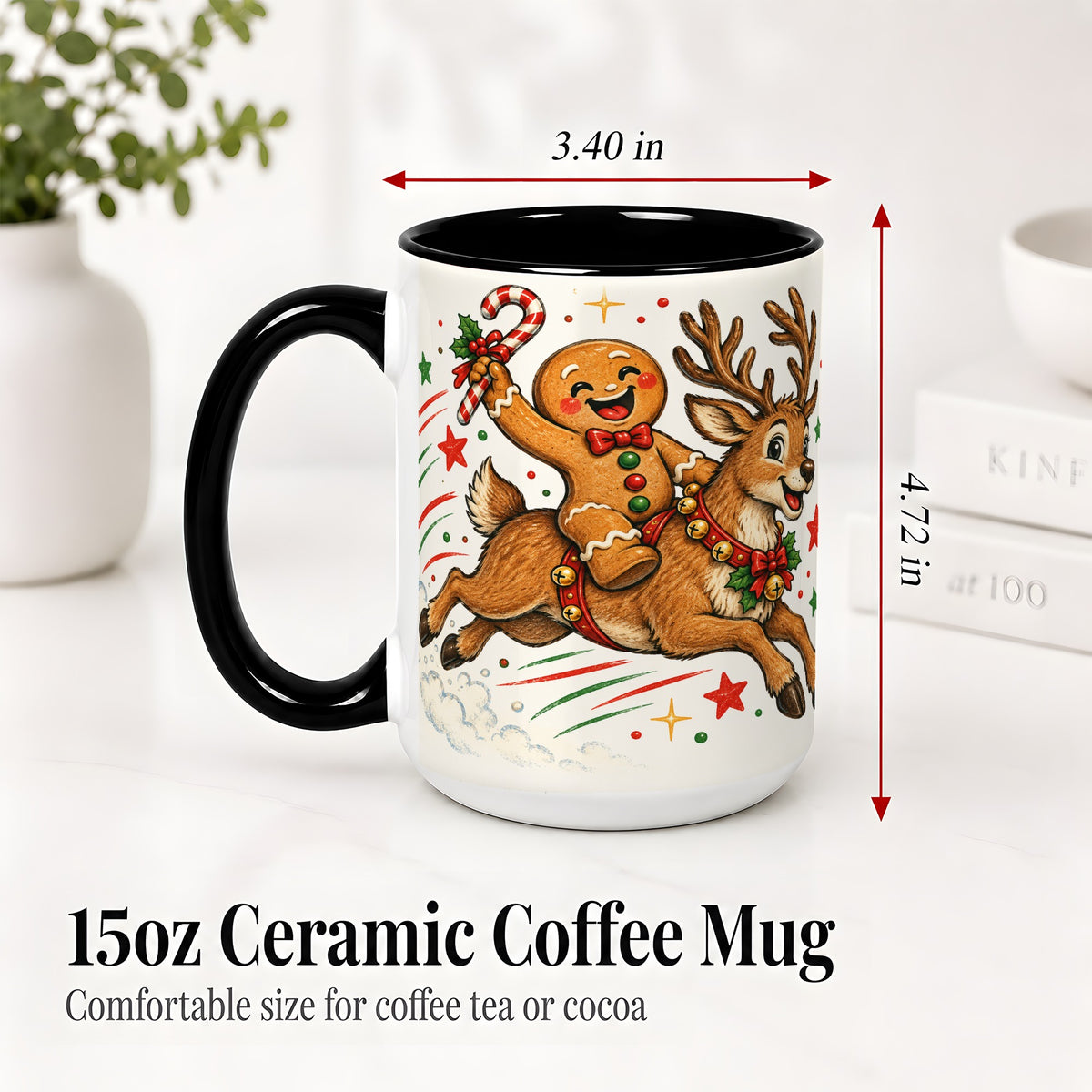 #pl[15oz|Black] Christmas Gingerbread Reindeer Ceramic Mug, Festive Holiday Art