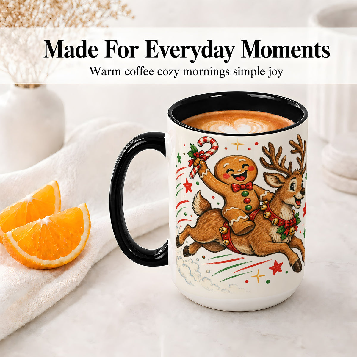 #pl[15oz|Black] Christmas Gingerbread Reindeer Ceramic Mug, Festive Holiday Art
