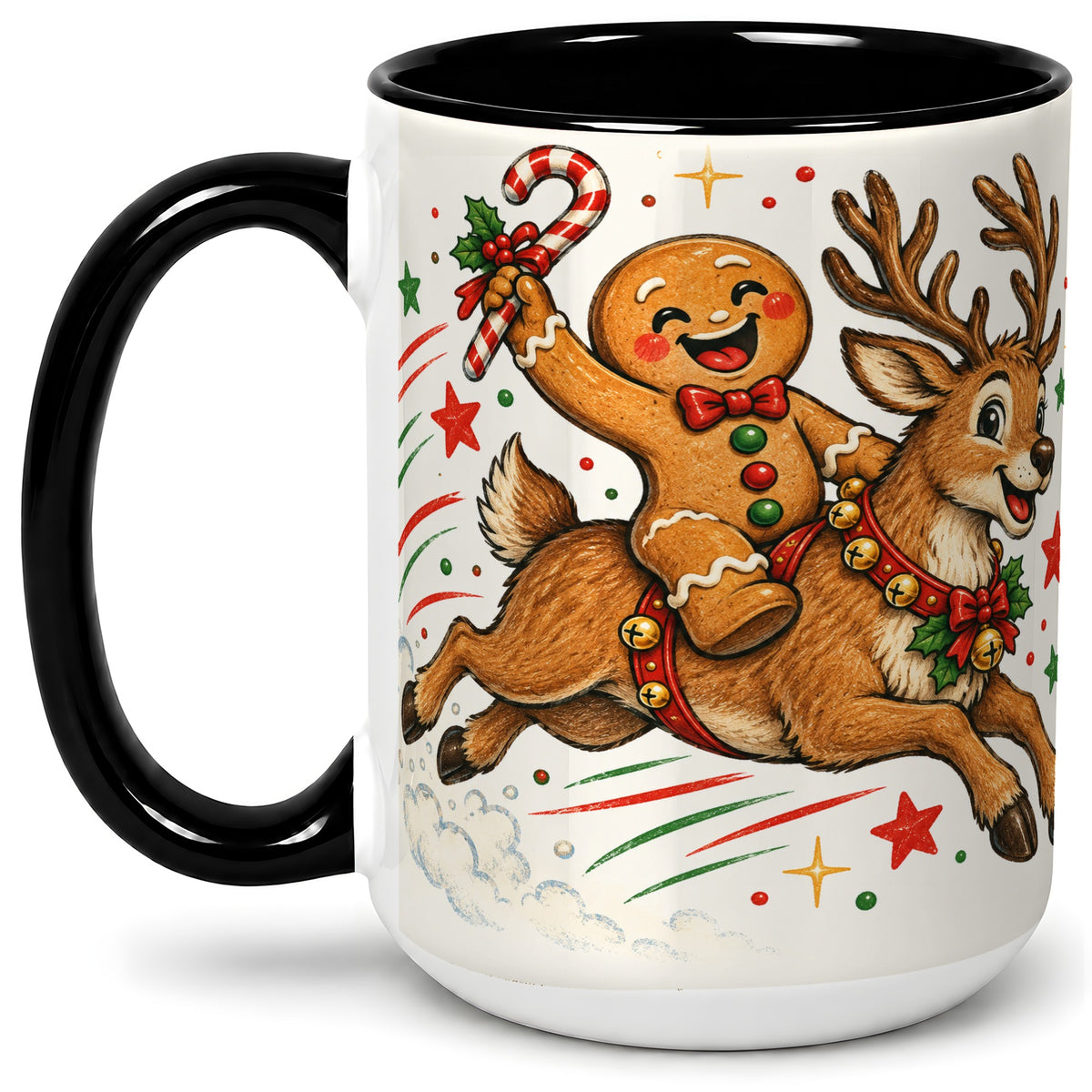 #pl[15oz|Black] Christmas Gingerbread Reindeer Ceramic Mug, Festive Holiday Art