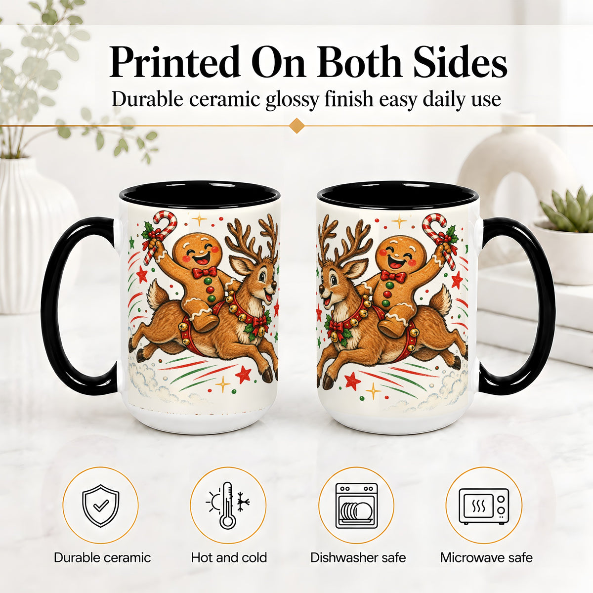 #pl[15oz|Black] Christmas Gingerbread Reindeer Ceramic Mug, Festive Holiday Art