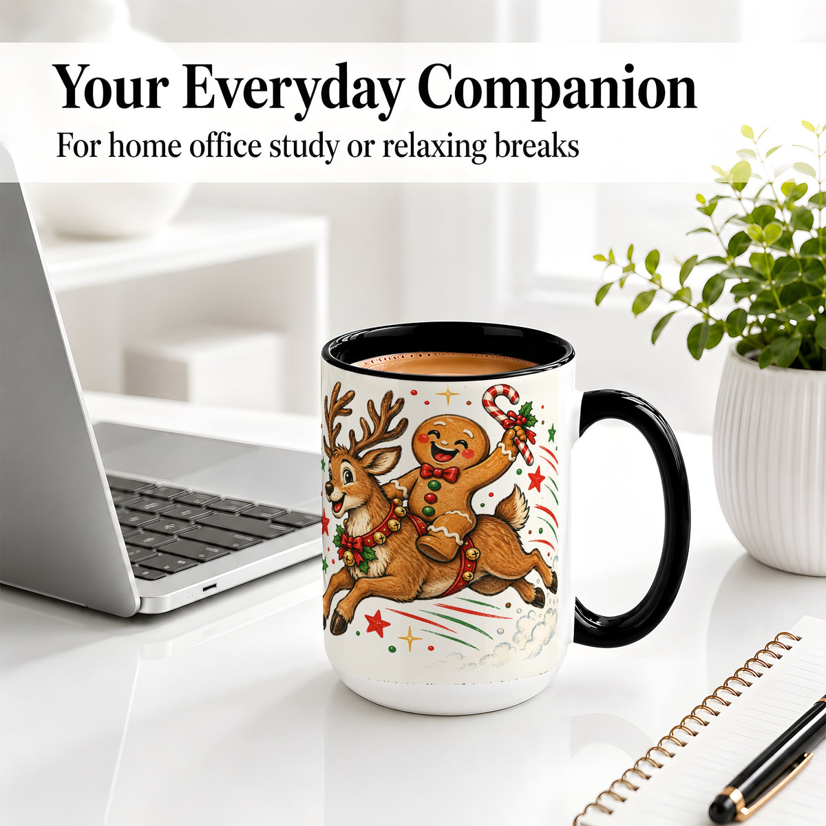 #pl[15oz|Black] Christmas Gingerbread Reindeer Ceramic Mug, Festive Holiday Art