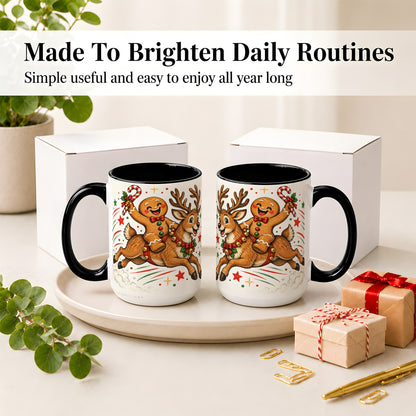 #pl[15oz|Black] Christmas Gingerbread Reindeer Ceramic Mug, Festive Holiday Art