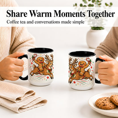 #pl[15oz|Black] Christmas Gingerbread Reindeer Ceramic Mug, Festive Holiday Art