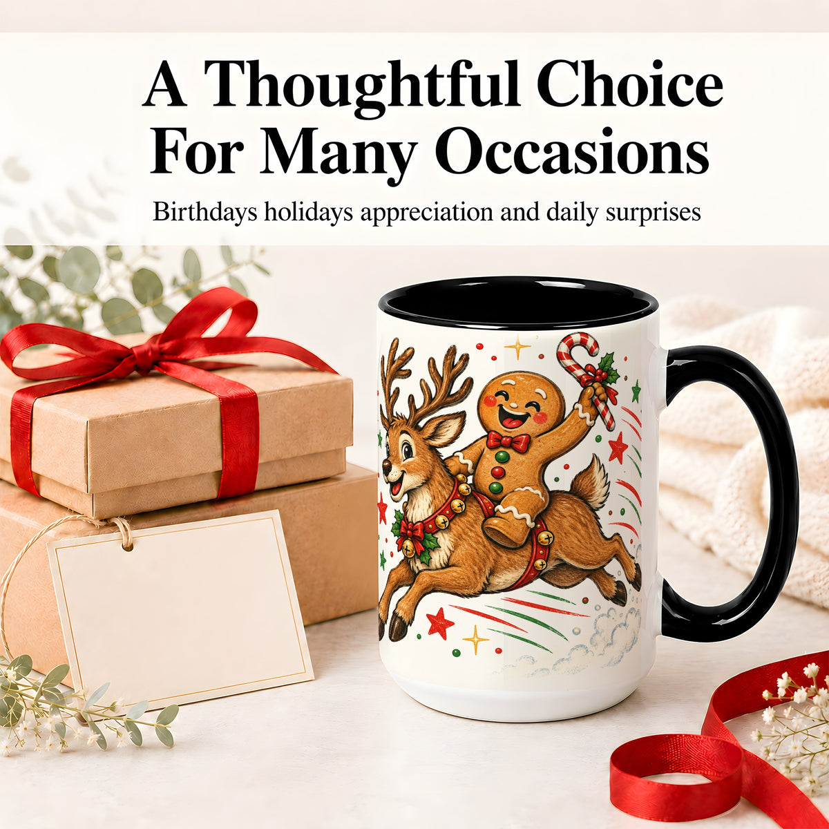 #pl[15oz|Black] Christmas Gingerbread Reindeer Ceramic Mug, Festive Holiday Art