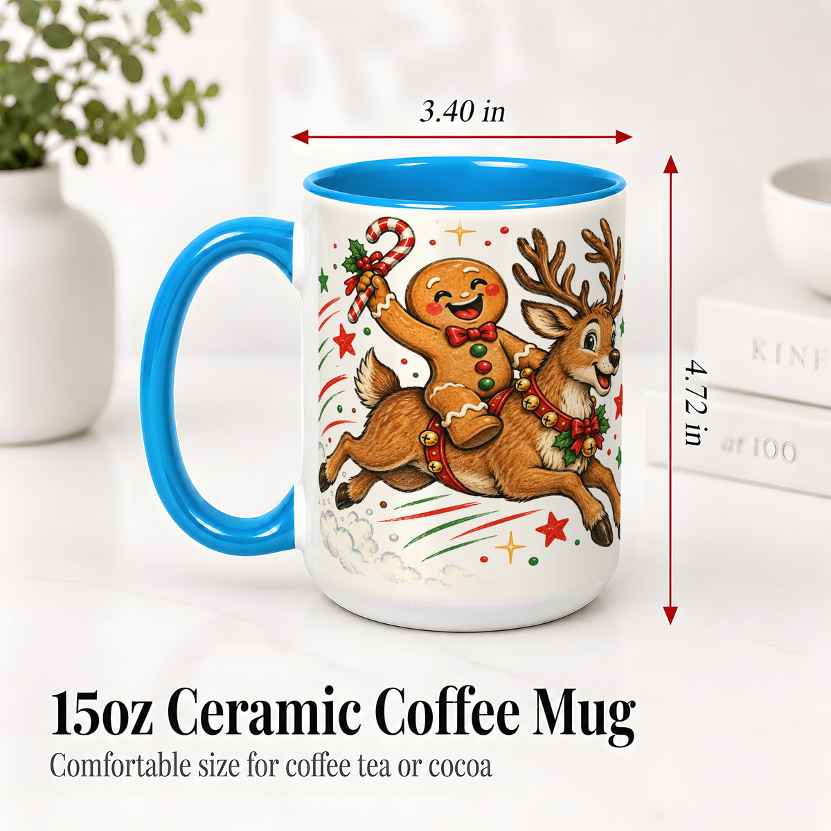 #pl[15oz|Blue] Christmas Gingerbread Reindeer Ceramic Mug, Festive Holiday Art