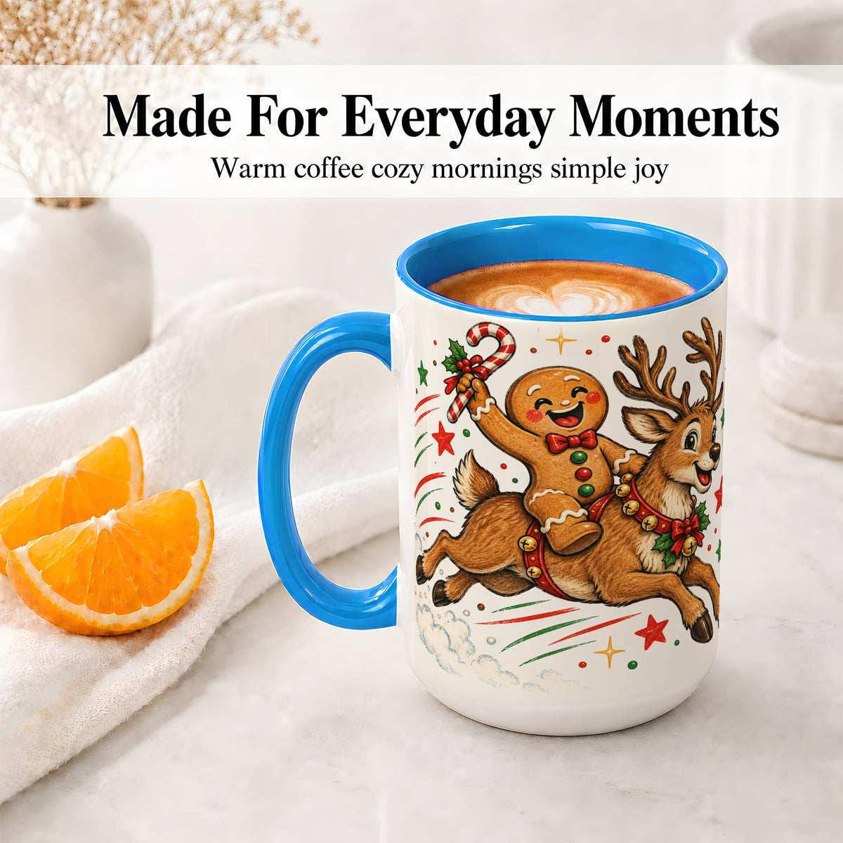 #pl[15oz|Blue] Christmas Gingerbread Reindeer Ceramic Mug, Festive Holiday Art