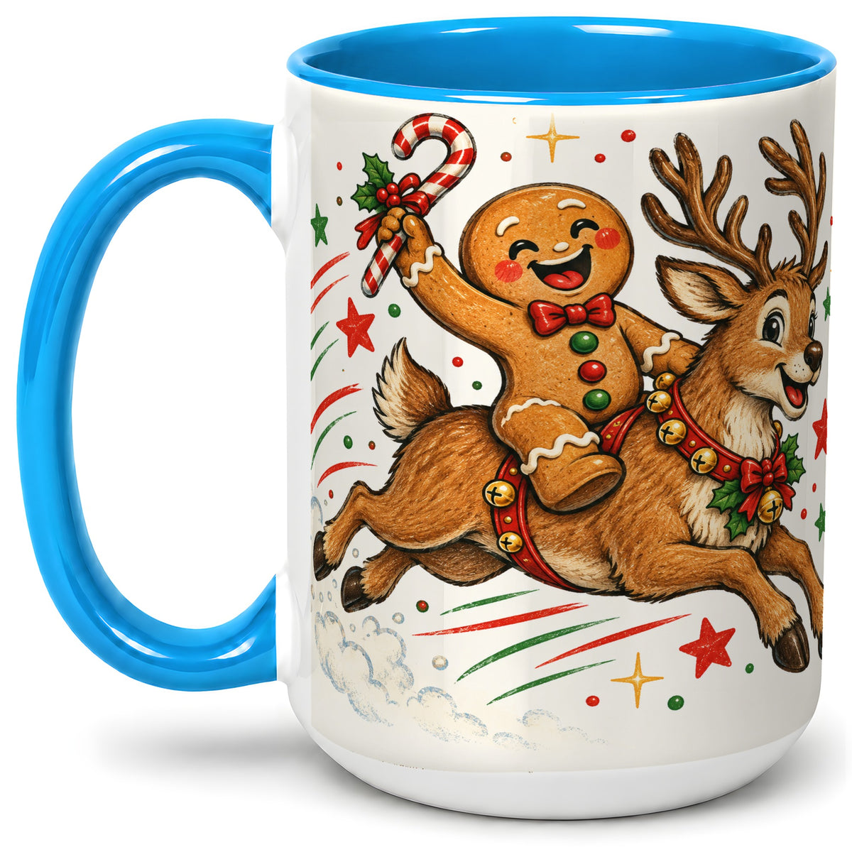 #pl[15oz|Blue] Christmas Gingerbread Reindeer Ceramic Mug, Festive Holiday Art