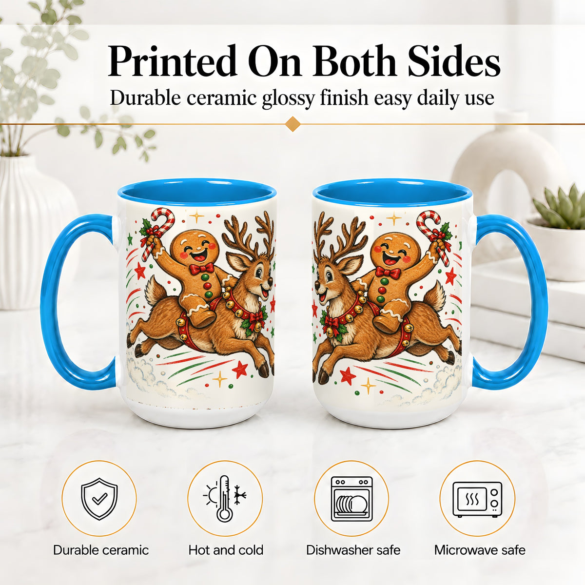 #pl[15oz|Blue] Christmas Gingerbread Reindeer Ceramic Mug, Festive Holiday Art