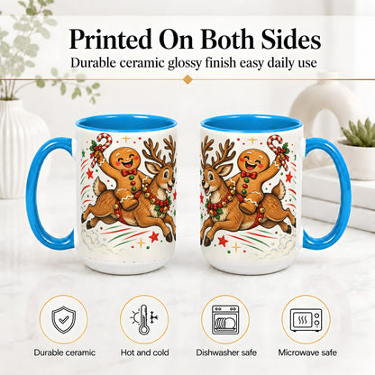 #pl[15oz|Blue] Christmas Gingerbread Reindeer Ceramic Mug, Festive Holiday Art
