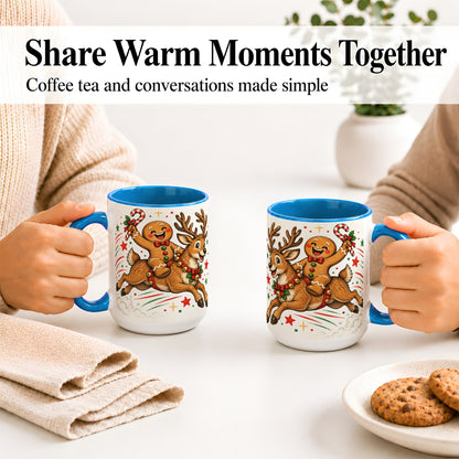 #pl[15oz|Blue] Christmas Gingerbread Reindeer Ceramic Mug, Festive Holiday Art