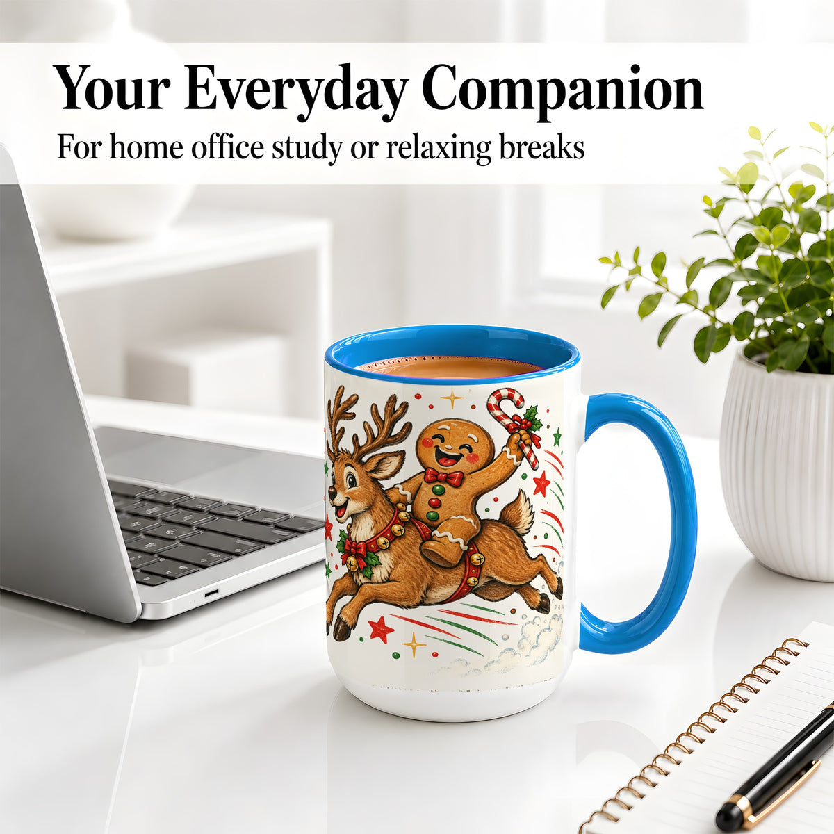 #pl[15oz|Blue] Christmas Gingerbread Reindeer Ceramic Mug, Festive Holiday Art
