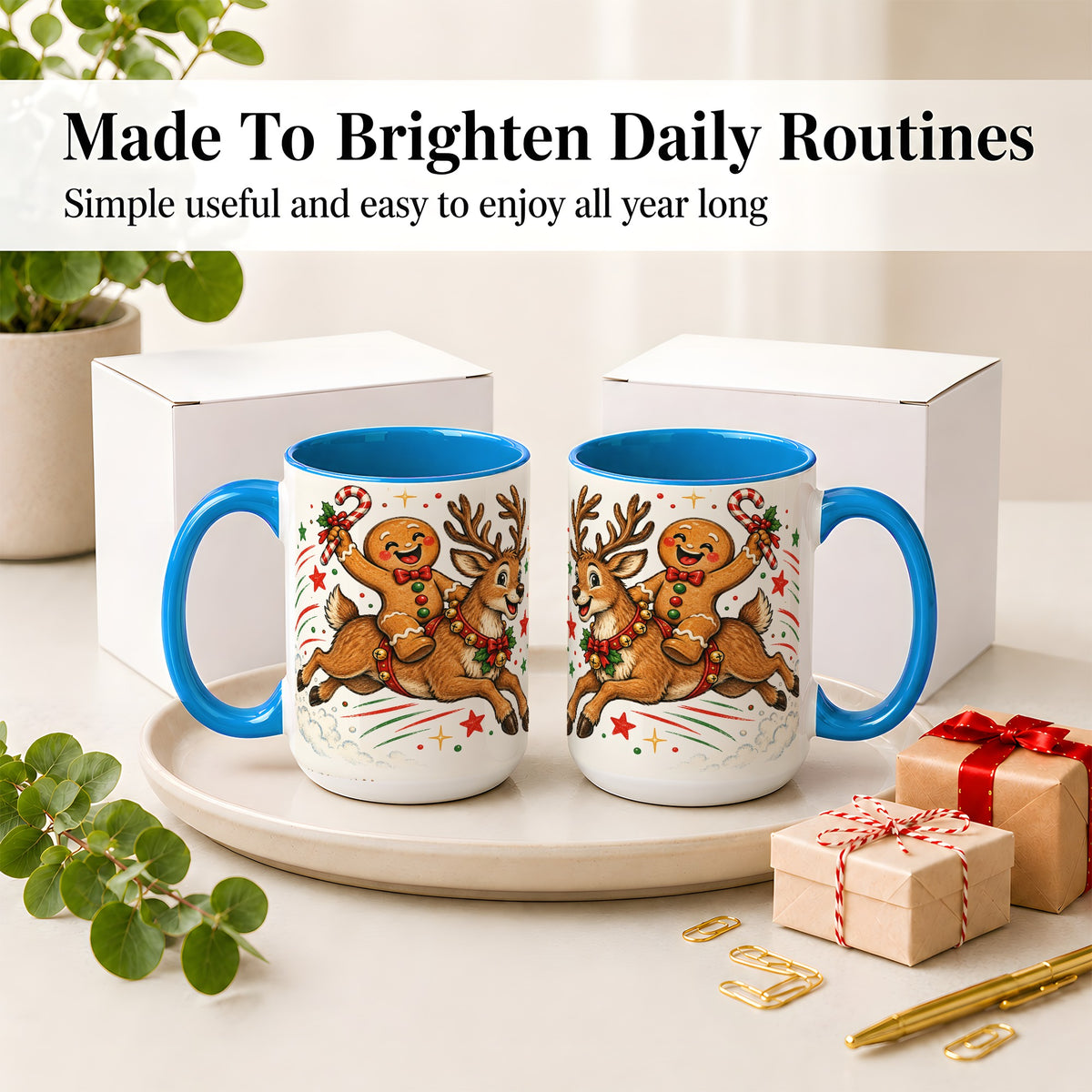 #pl[15oz|Blue] Christmas Gingerbread Reindeer Ceramic Mug, Festive Holiday Art
