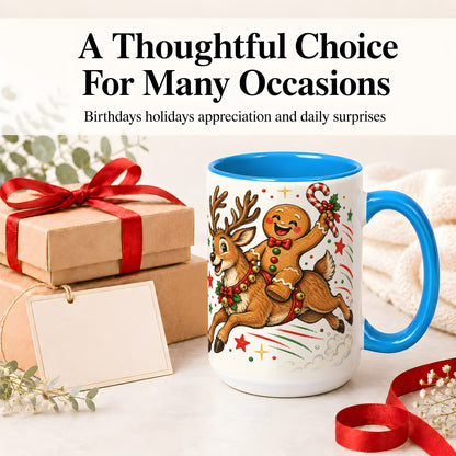#pl[15oz|Blue] Christmas Gingerbread Reindeer Ceramic Mug, Festive Holiday Art