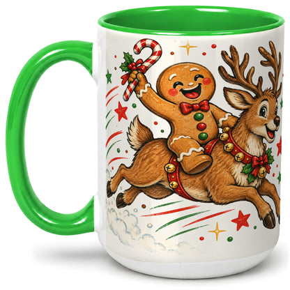 #pl[15oz|Green] Christmas Gingerbread Reindeer Ceramic Mug, Festive Holiday Art