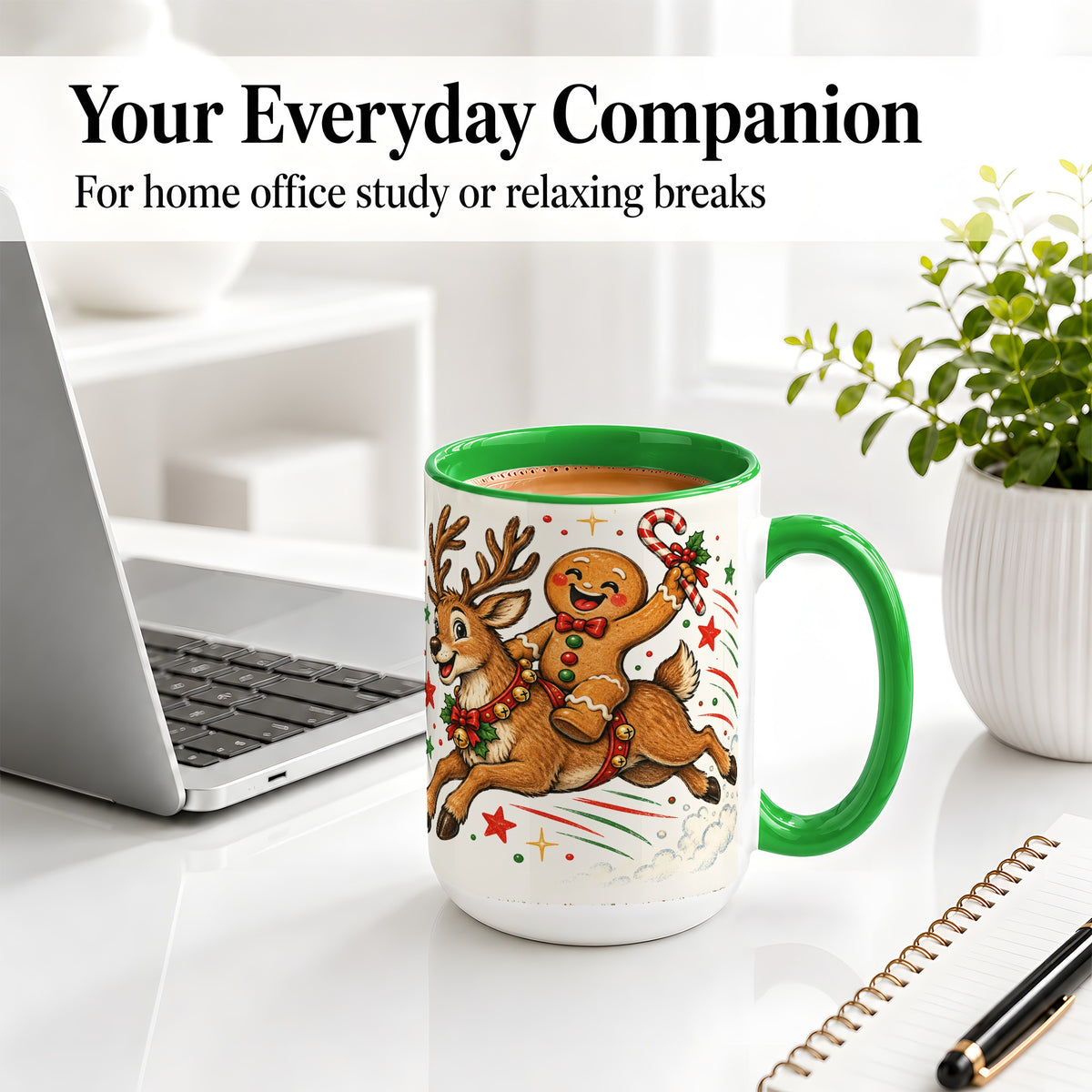 #pl[15oz|Green] Christmas Gingerbread Reindeer Ceramic Mug, Festive Holiday Art