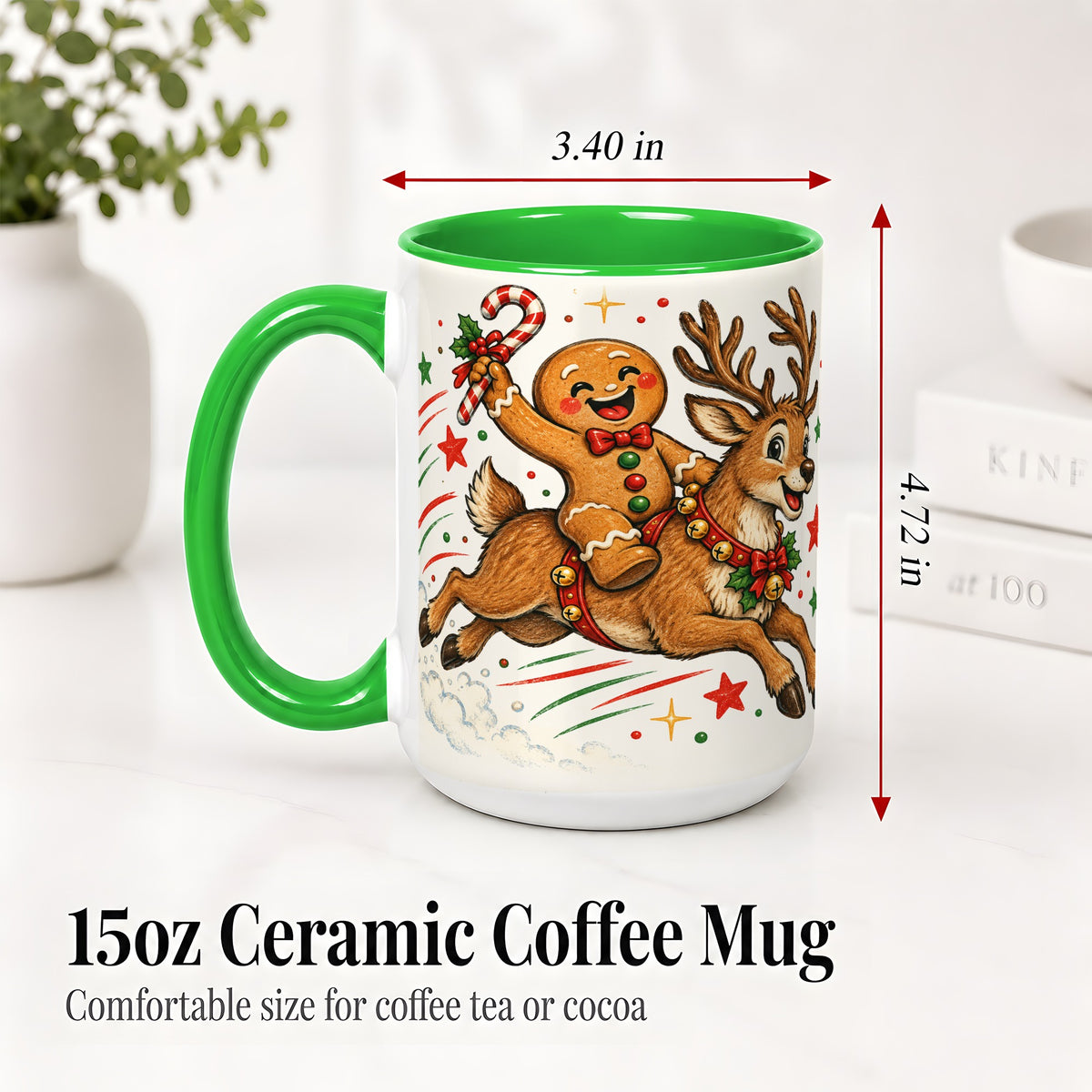 #pl[15oz|Green] Christmas Gingerbread Reindeer Ceramic Mug, Festive Holiday Art