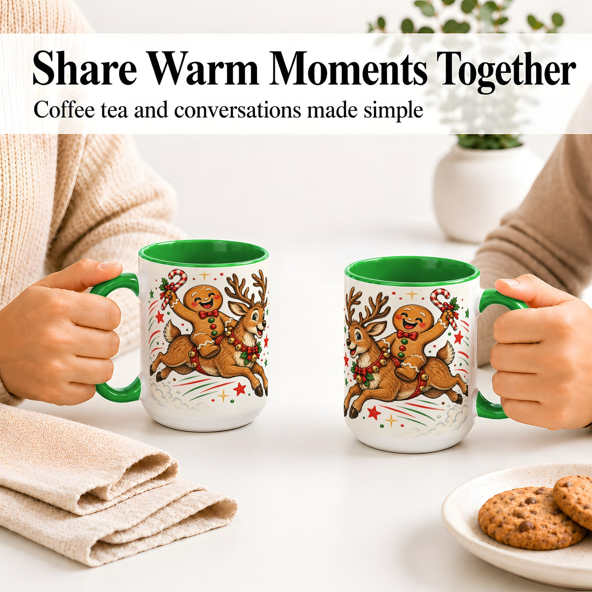 #pl[15oz|Green] Christmas Gingerbread Reindeer Ceramic Mug, Festive Holiday Art