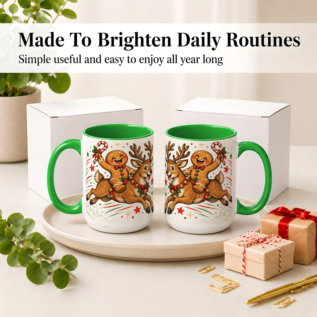 #pl[15oz|Green] Christmas Gingerbread Reindeer Ceramic Mug, Festive Holiday Art