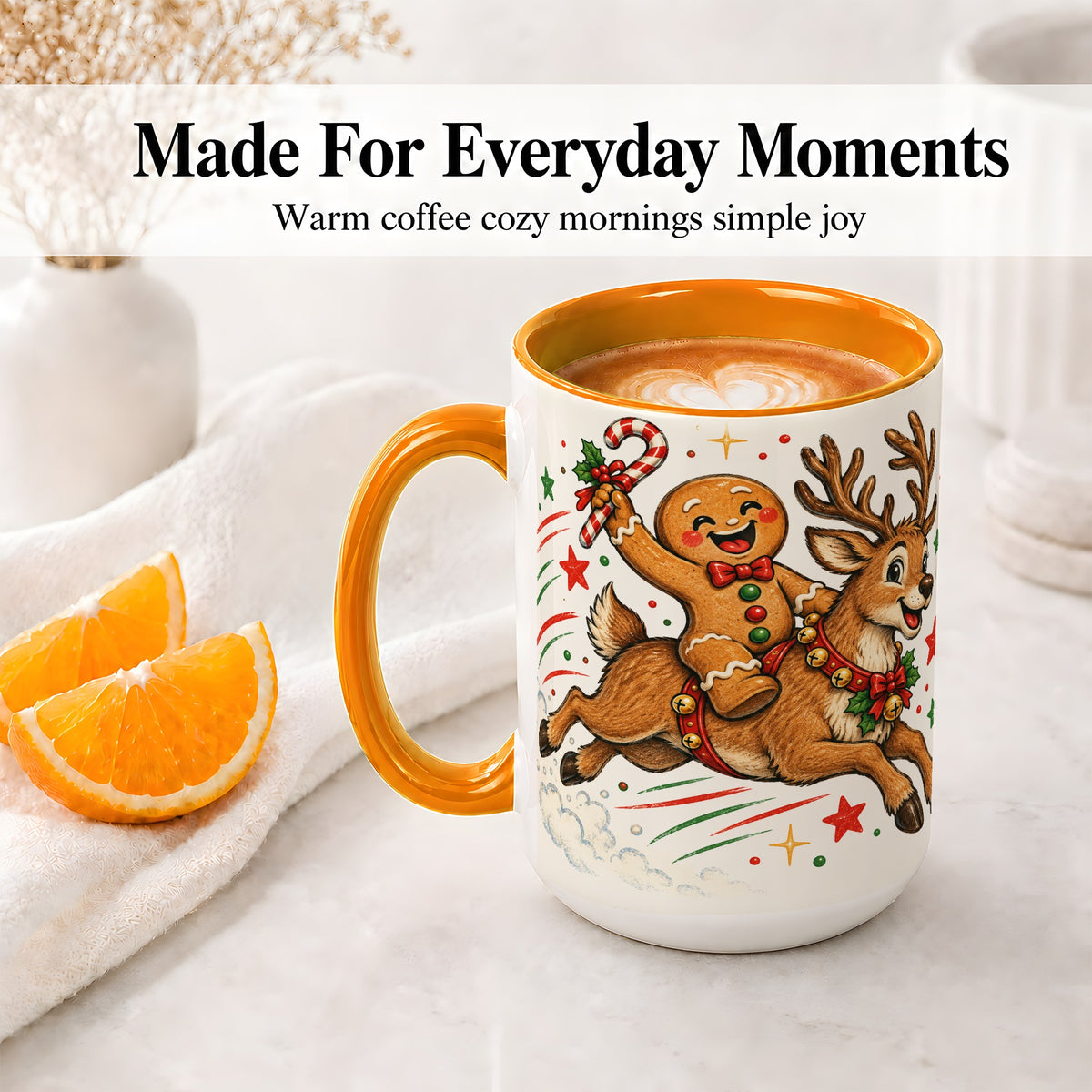 #pl[15oz|Orange] Christmas Gingerbread Reindeer Ceramic Mug, Festive Holiday Art