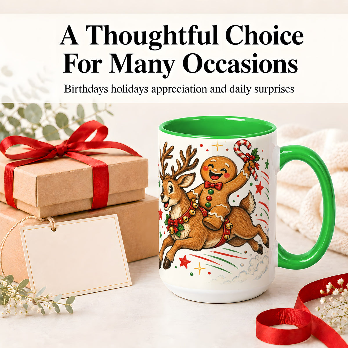 #pl[15oz|Green] Christmas Gingerbread Reindeer Ceramic Mug, Festive Holiday Art