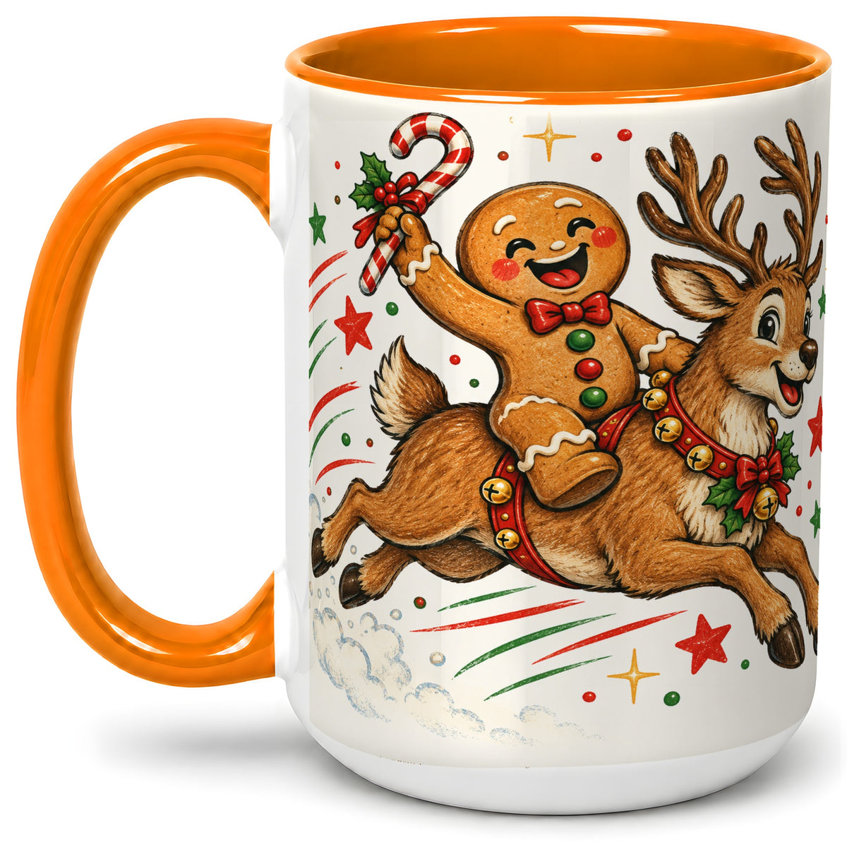 #pl[15oz|Orange] Christmas Gingerbread Reindeer Ceramic Mug, Festive Holiday Art