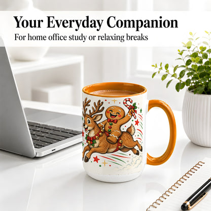 #pl[15oz|Orange] Christmas Gingerbread Reindeer Ceramic Mug, Festive Holiday Art