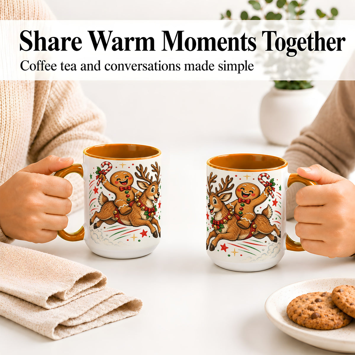 #pl[15oz|Orange] Christmas Gingerbread Reindeer Ceramic Mug, Festive Holiday Art