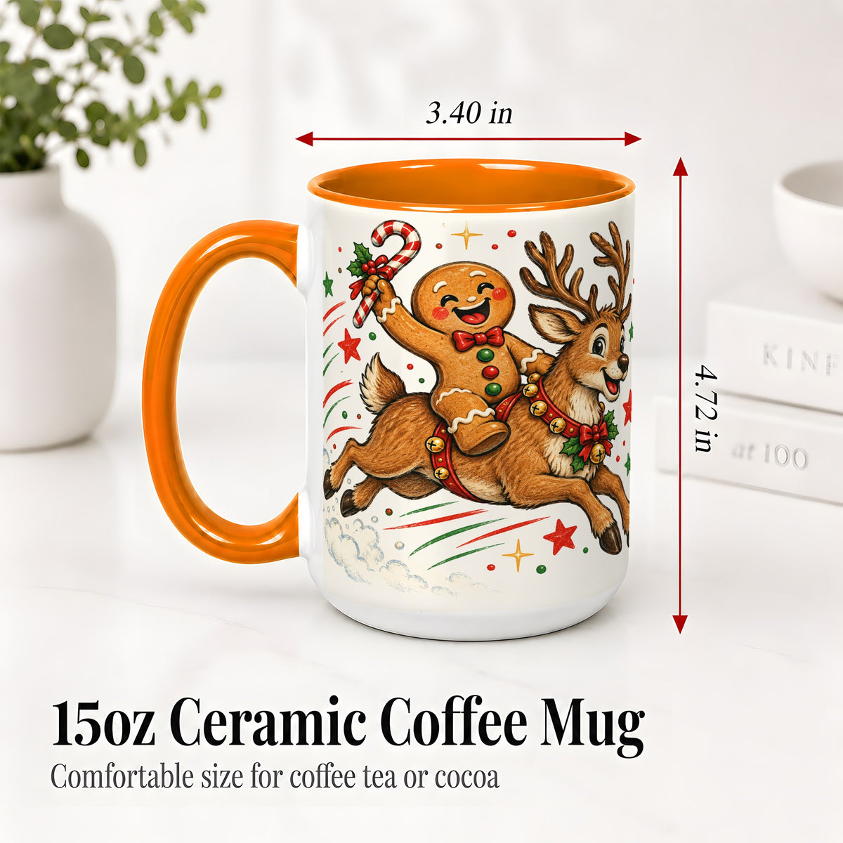 #pl[15oz|Orange] Christmas Gingerbread Reindeer Ceramic Mug, Festive Holiday Art