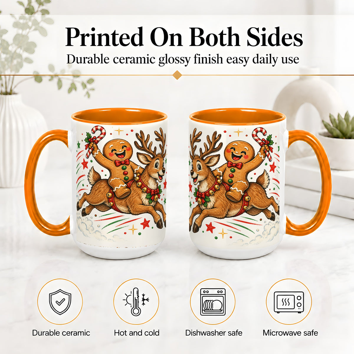 #pl[15oz|Orange] Christmas Gingerbread Reindeer Ceramic Mug, Festive Holiday Art