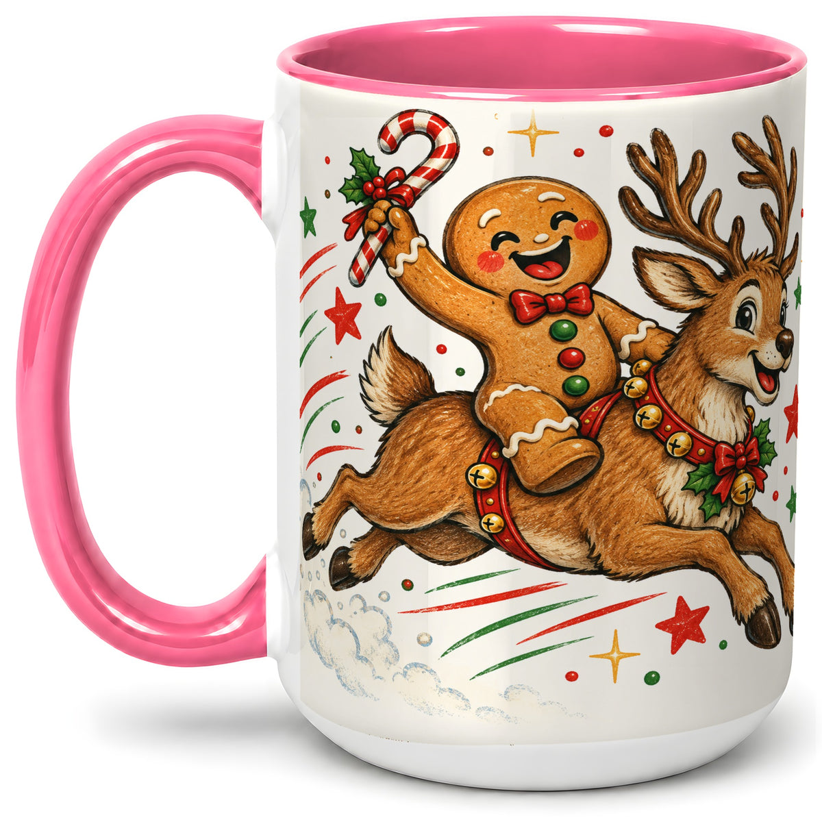 #pl[15oz|Pink] Christmas Gingerbread Reindeer Ceramic Mug, Festive Holiday Art