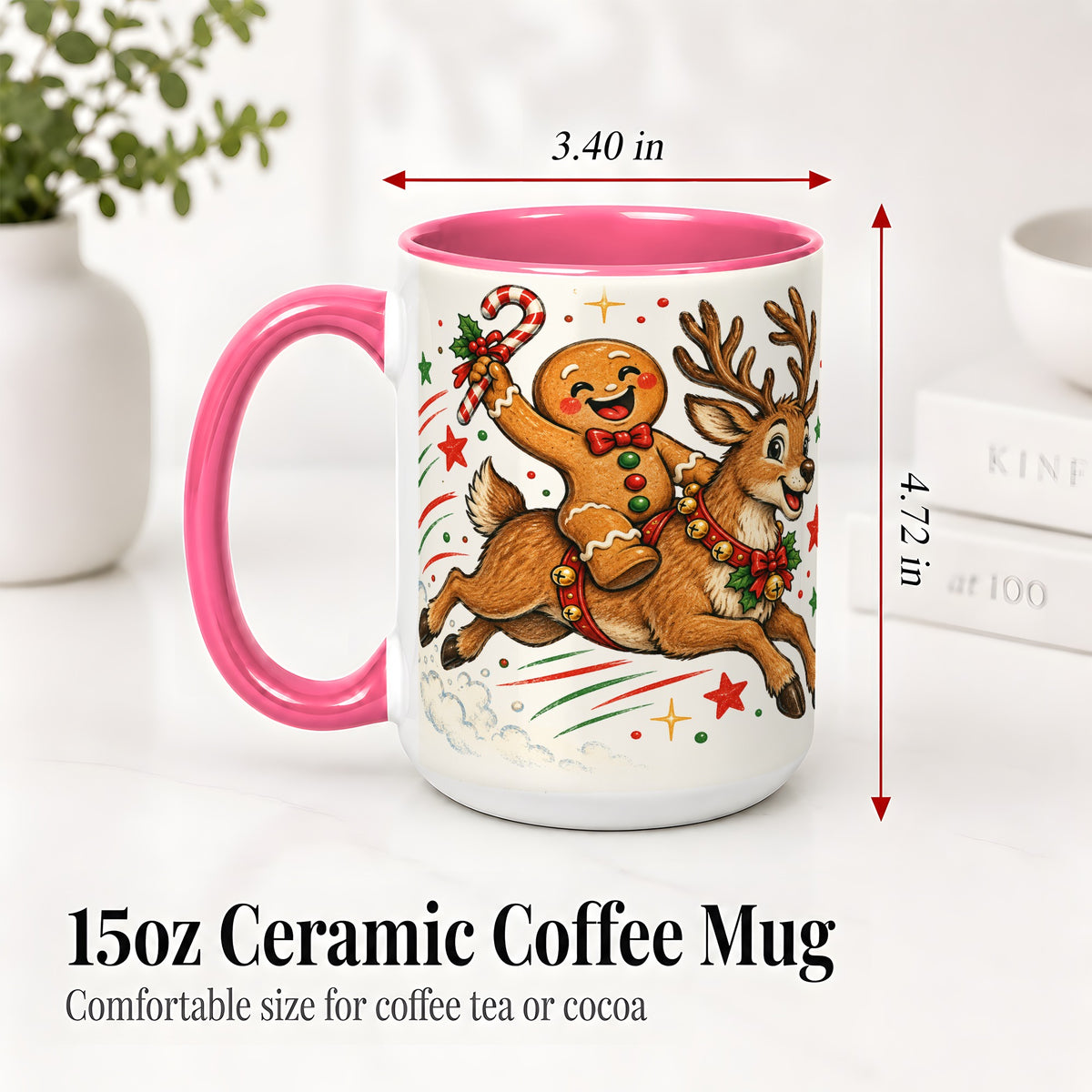 #pl[15oz|Pink] Christmas Gingerbread Reindeer Ceramic Mug, Festive Holiday Art
