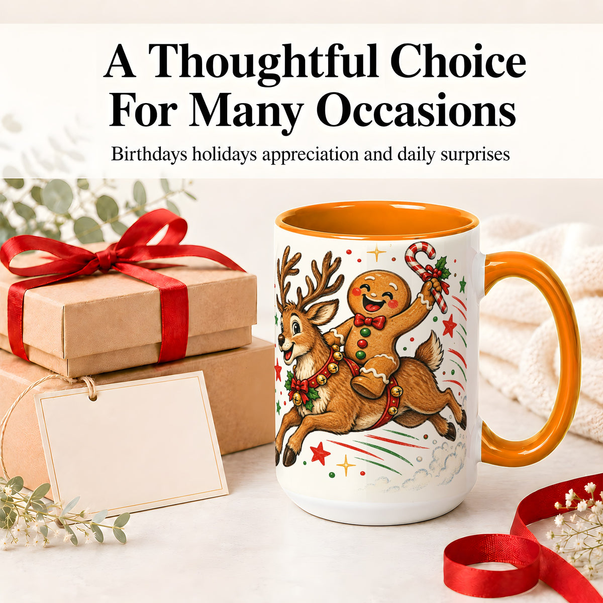 #pl[15oz|Orange] Christmas Gingerbread Reindeer Ceramic Mug, Festive Holiday Art