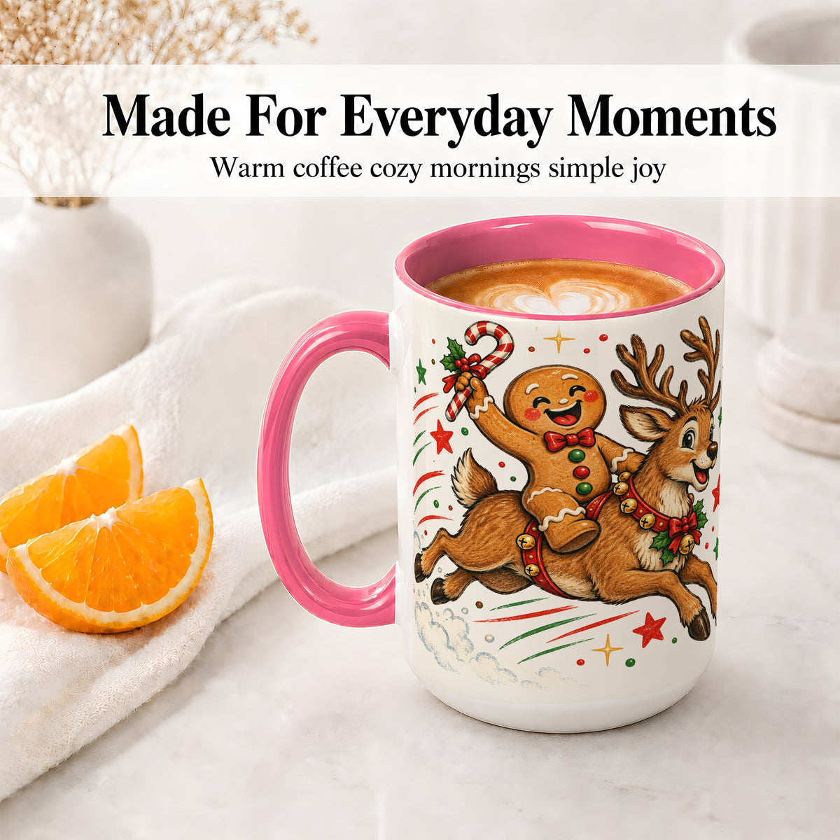 #pl[15oz|Pink] Christmas Gingerbread Reindeer Ceramic Mug, Festive Holiday Art
