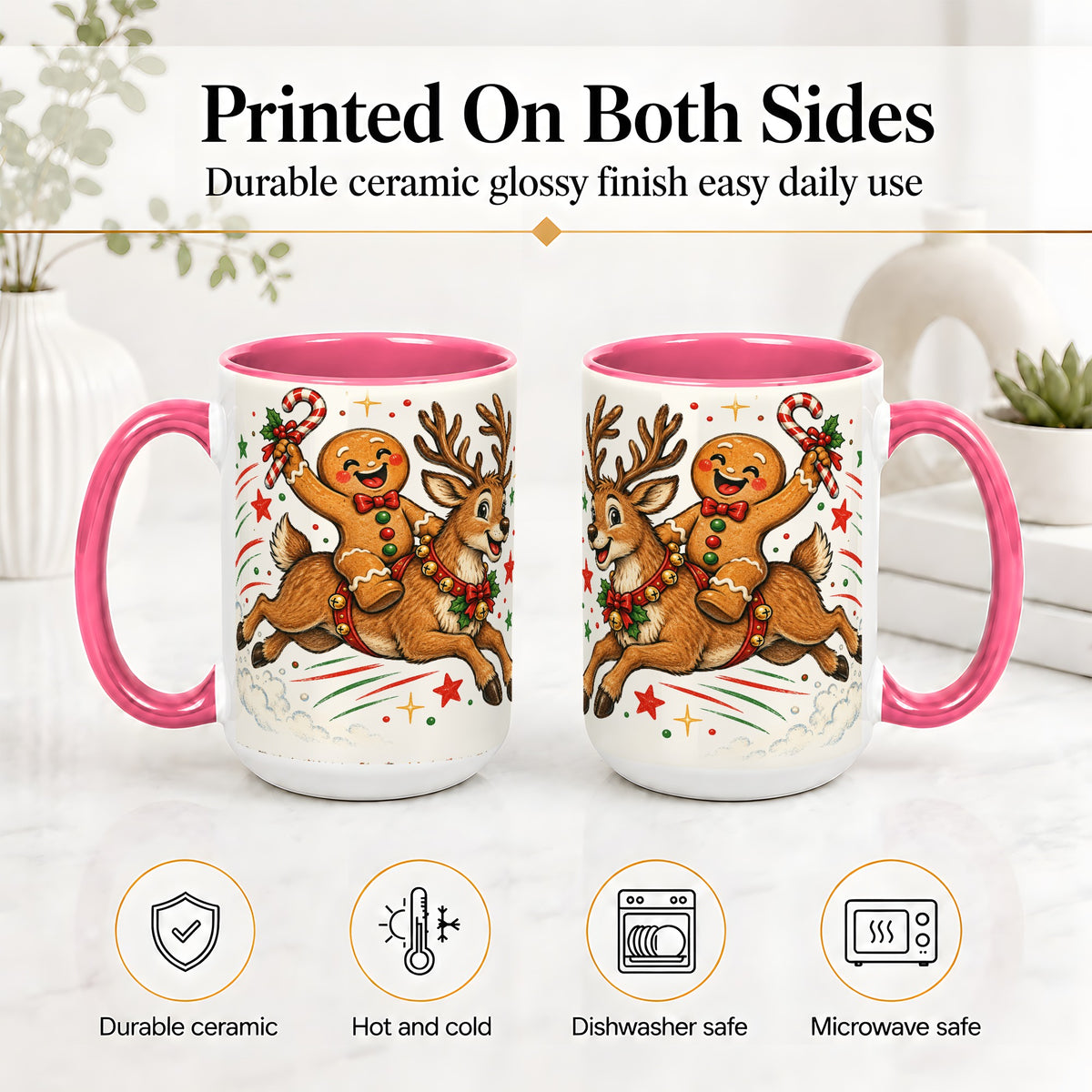 #pl[15oz|Pink] Christmas Gingerbread Reindeer Ceramic Mug, Festive Holiday Art