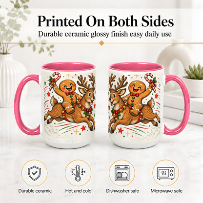 #pl[15oz|Pink] Christmas Gingerbread Reindeer Ceramic Mug, Festive Holiday Art