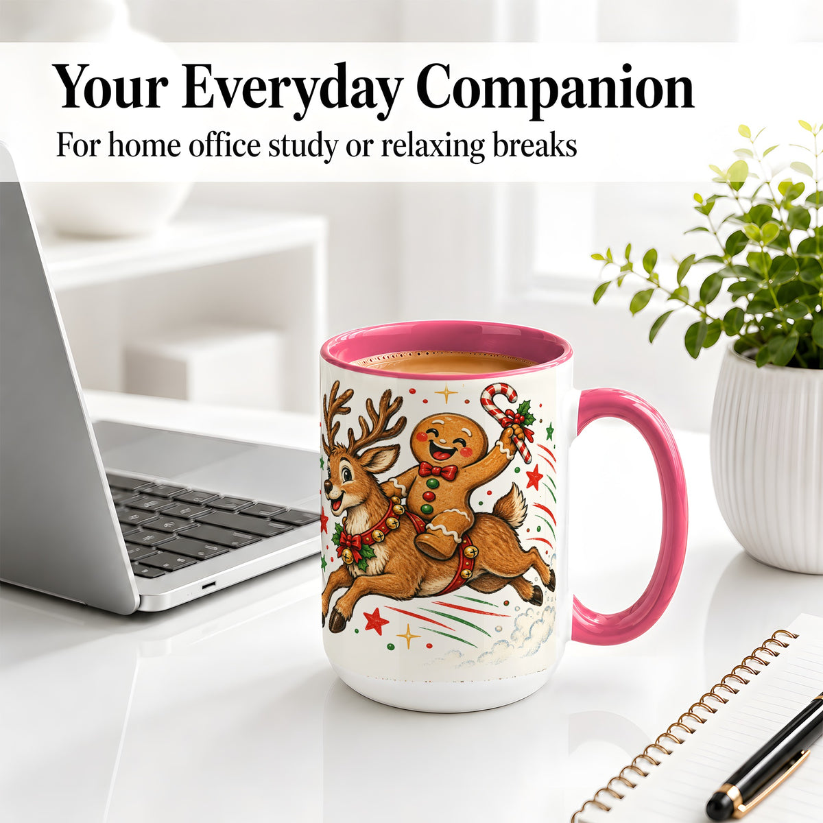 #pl[15oz|Pink] Christmas Gingerbread Reindeer Ceramic Mug, Festive Holiday Art