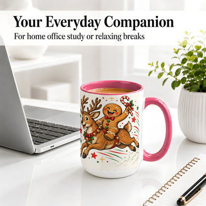 #pl[15oz|Pink] Christmas Gingerbread Reindeer Ceramic Mug, Festive Holiday Art