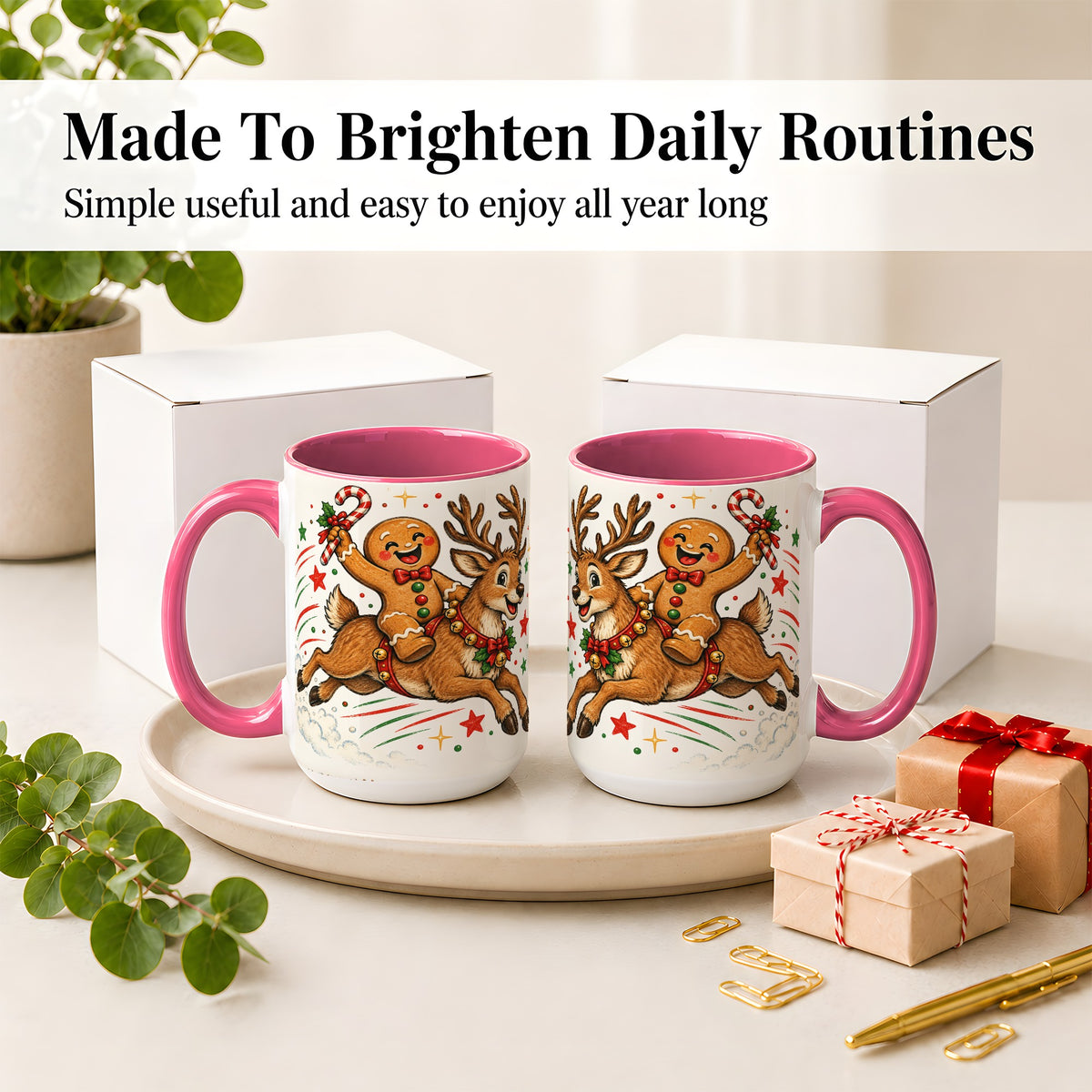 #pl[15oz|Pink] Christmas Gingerbread Reindeer Ceramic Mug, Festive Holiday Art