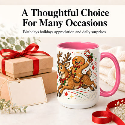 #pl[15oz|Pink] Christmas Gingerbread Reindeer Ceramic Mug, Festive Holiday Art