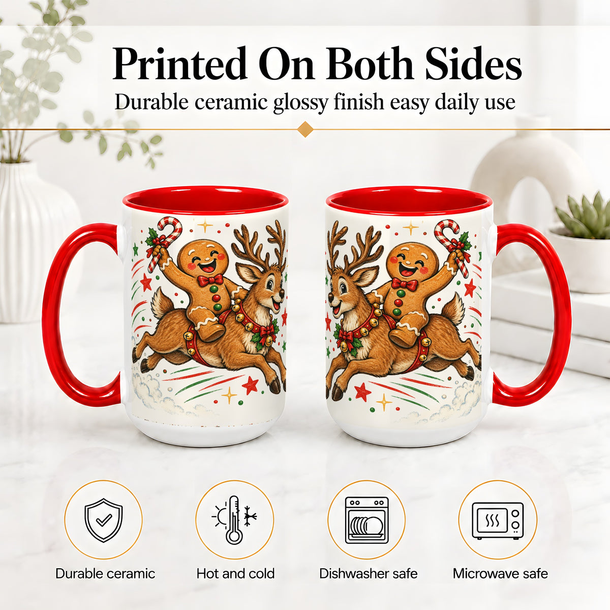 #pl[15oz|Red] Christmas Gingerbread Reindeer Ceramic Mug, Festive Holiday Art