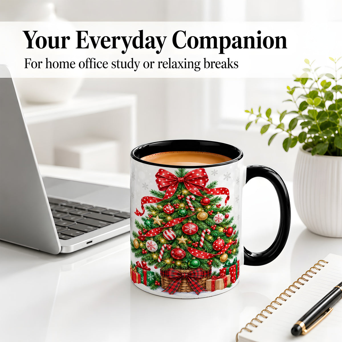 #pl[11oz|Black] Decorated Christmas Tree Ceramic Mug, Festive Ornament Artwork